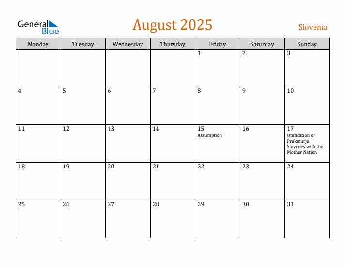 August 2025 Holiday Calendar with Monday Start