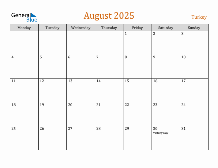 August 2025 Holiday Calendar with Monday Start