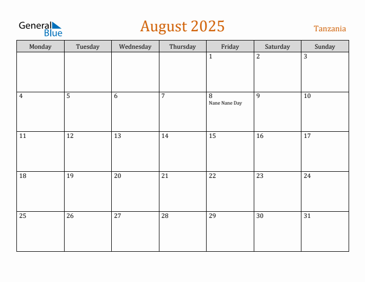 August 2025 Holiday Calendar with Monday Start