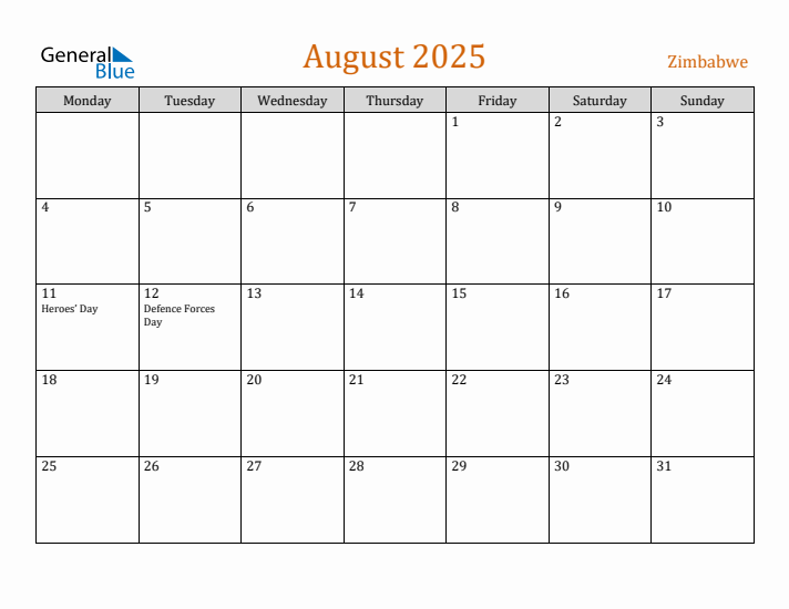 August 2025 Holiday Calendar with Monday Start