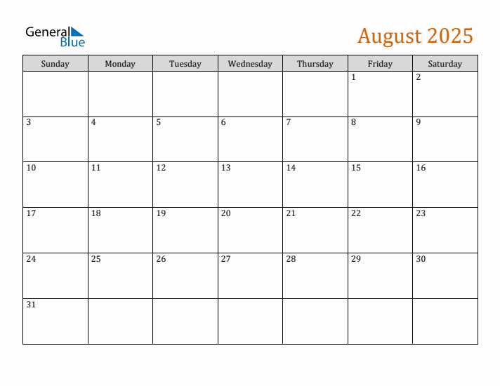 Editable August 2025 Calendar