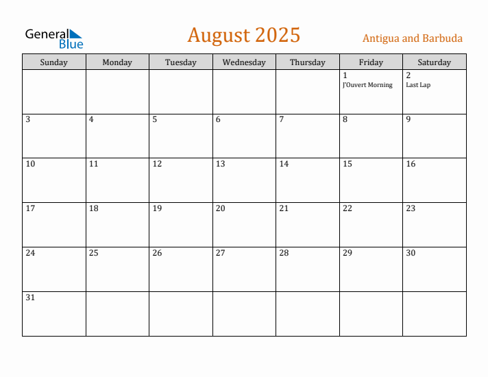 August 2025 Holiday Calendar with Sunday Start