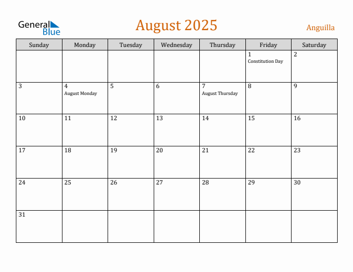 August 2025 Holiday Calendar with Sunday Start