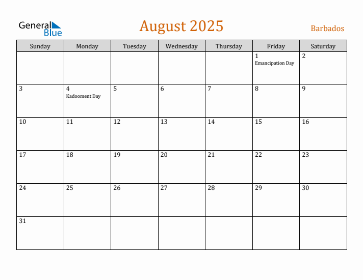 August 2025 Holiday Calendar with Sunday Start