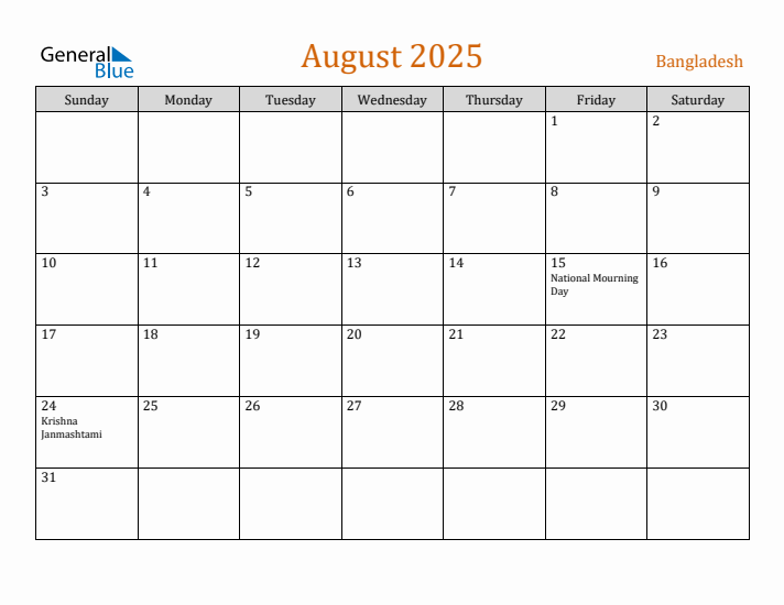 August 2025 Holiday Calendar with Sunday Start