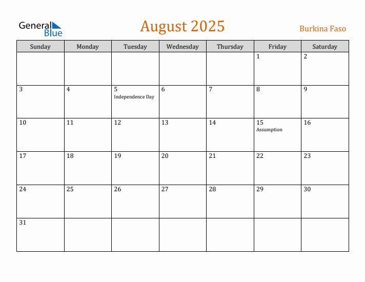 August 2025 Holiday Calendar with Sunday Start