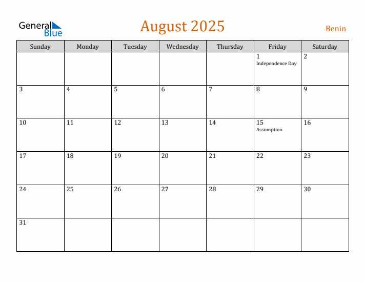 August 2025 Holiday Calendar with Sunday Start