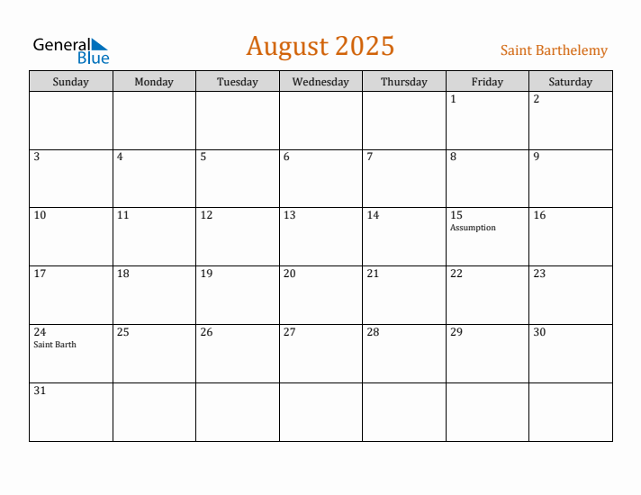 August 2025 Holiday Calendar with Sunday Start