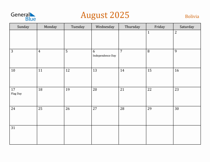 August 2025 Holiday Calendar with Sunday Start