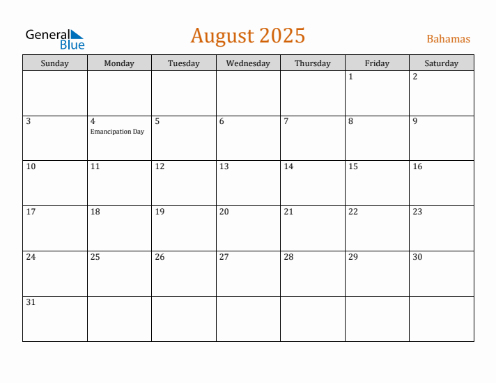 August 2025 Holiday Calendar with Sunday Start