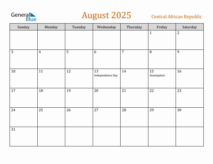 August 2025 Holiday Calendar with Sunday Start