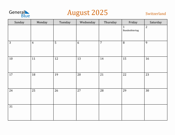 August 2025 Holiday Calendar with Sunday Start