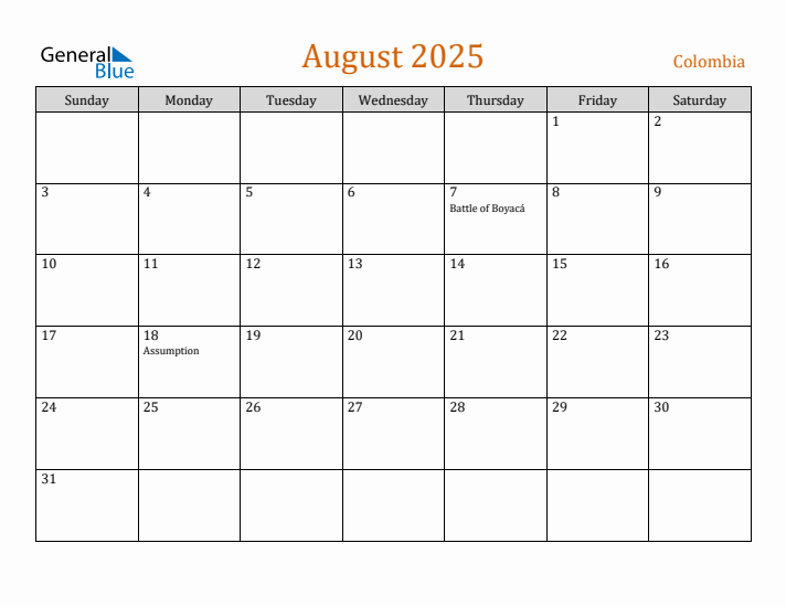 August 2025 Holiday Calendar with Sunday Start