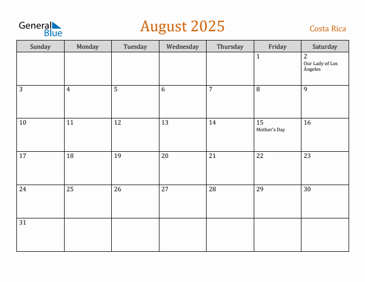 August 2025 Holiday Calendar with Sunday Start