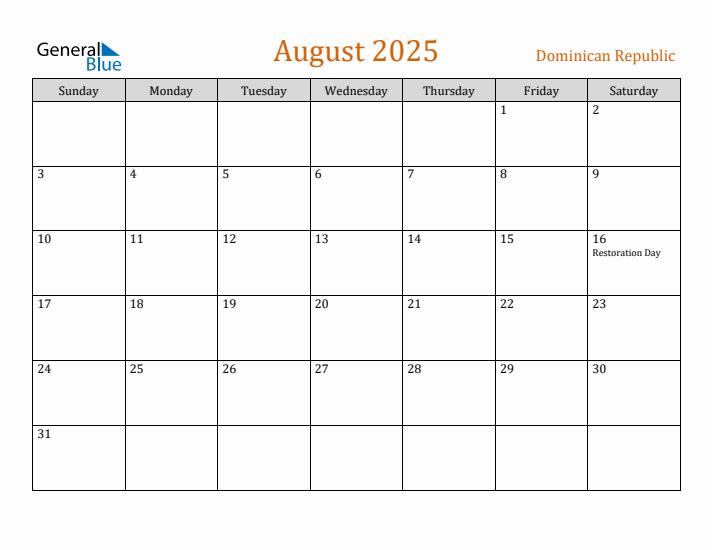 August 2025 Holiday Calendar with Sunday Start