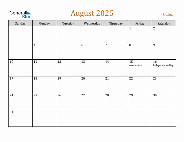 August 2025 Holiday Calendar with Sunday Start