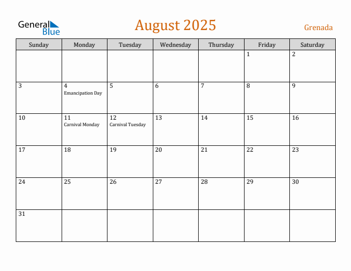 August 2025 Holiday Calendar with Sunday Start