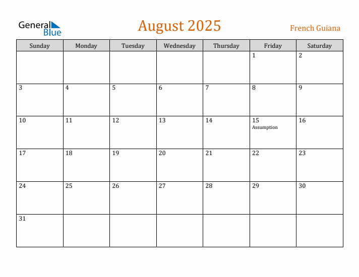 August 2025 Holiday Calendar with Sunday Start