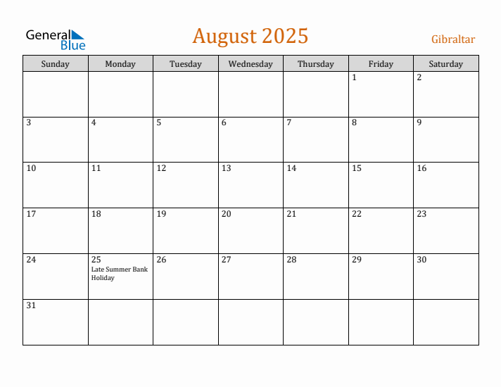 August 2025 Holiday Calendar with Sunday Start