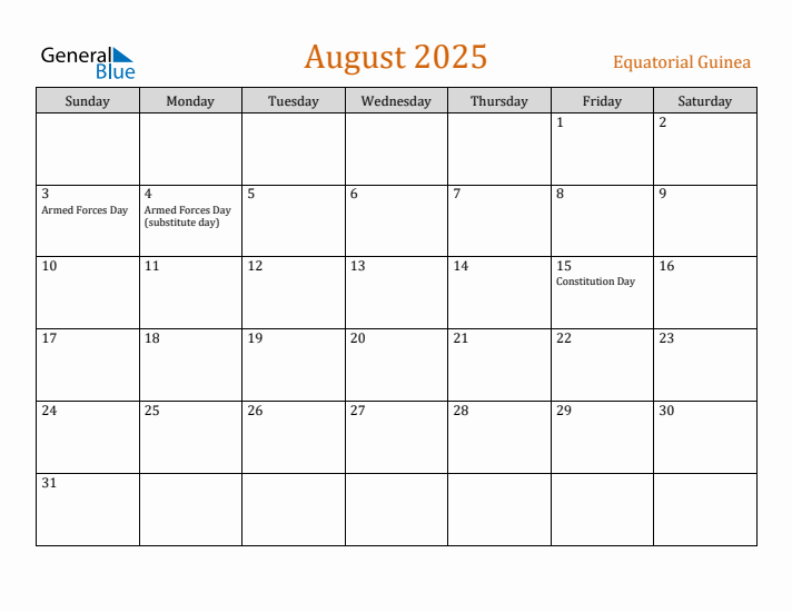 August 2025 Holiday Calendar with Sunday Start