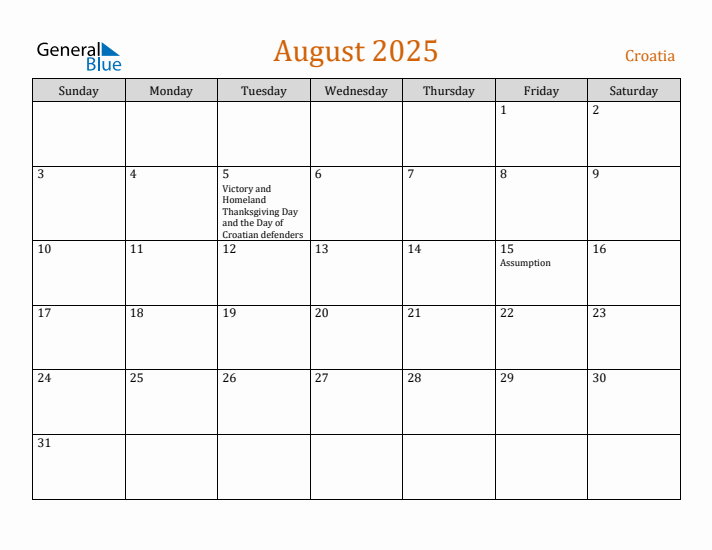 August 2025 Holiday Calendar with Sunday Start