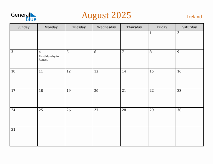 August 2025 Holiday Calendar with Sunday Start