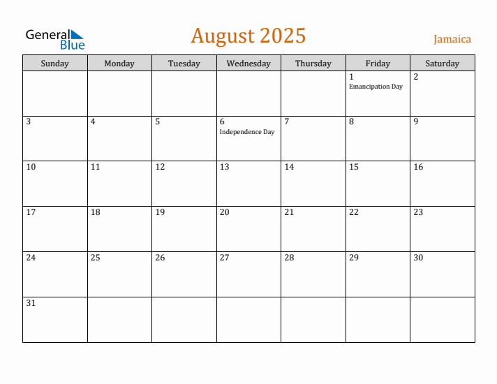 August 2025 Holiday Calendar with Sunday Start