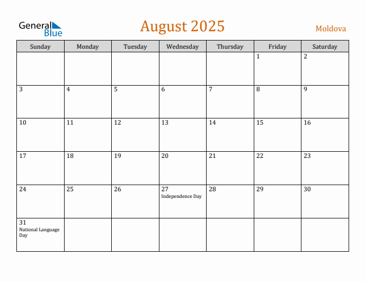 August 2025 Holiday Calendar with Sunday Start