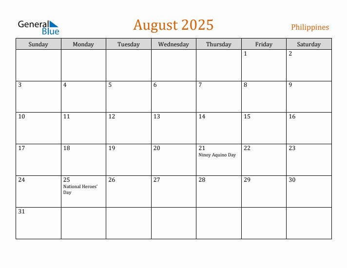 August 2025 Holiday Calendar with Sunday Start