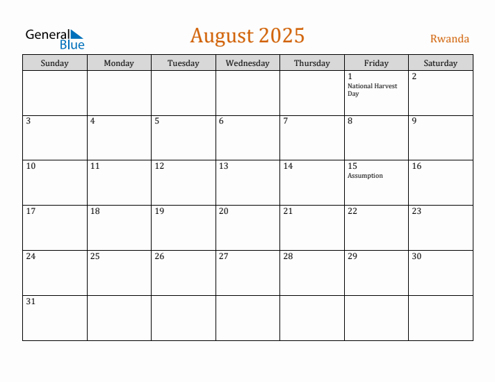 August 2025 Holiday Calendar with Sunday Start