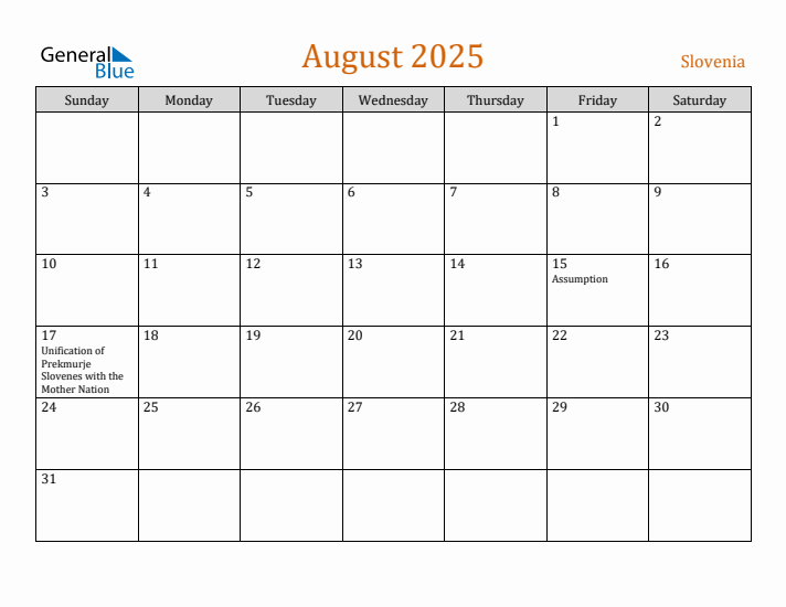 August 2025 Holiday Calendar with Sunday Start