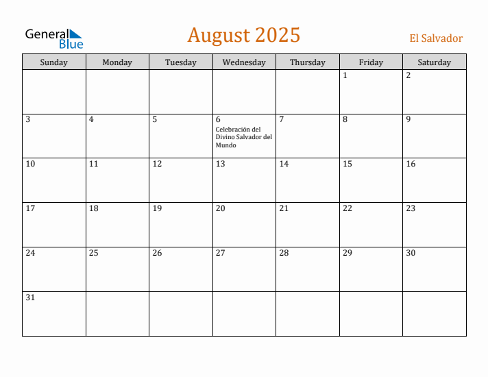 August 2025 Holiday Calendar with Sunday Start