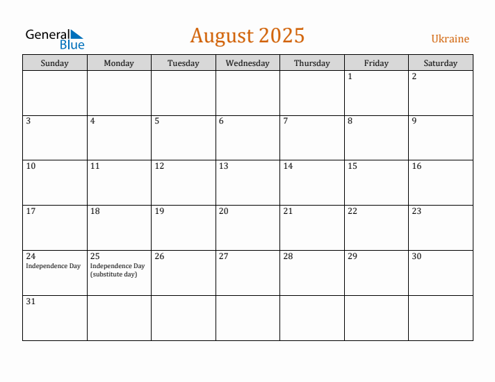 August 2025 Holiday Calendar with Sunday Start