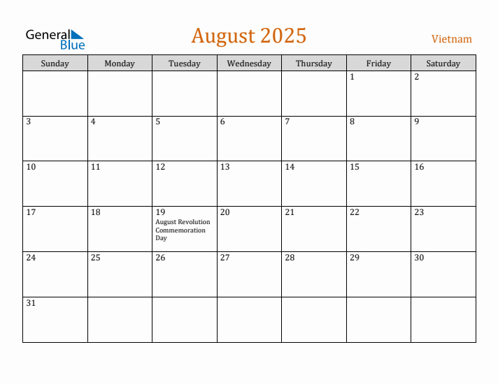 August 2025 Holiday Calendar with Sunday Start