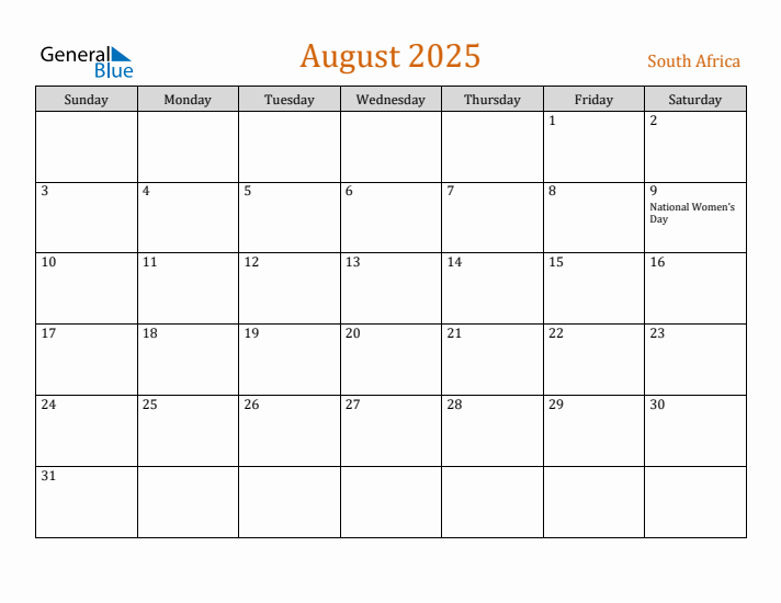 August 2025 Holiday Calendar with Sunday Start