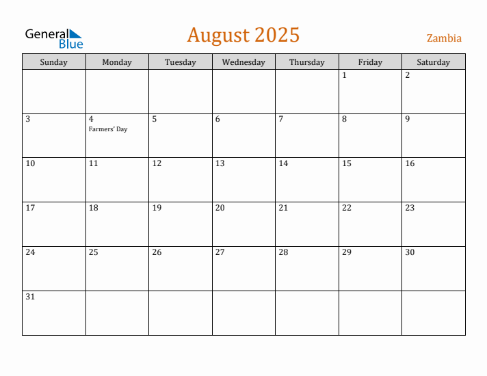 August 2025 Holiday Calendar with Sunday Start