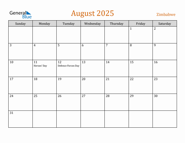 August 2025 Holiday Calendar with Sunday Start