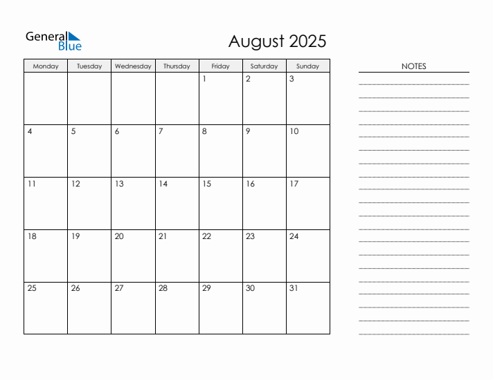 Printable Monthly Calendar with Notes - August 2025