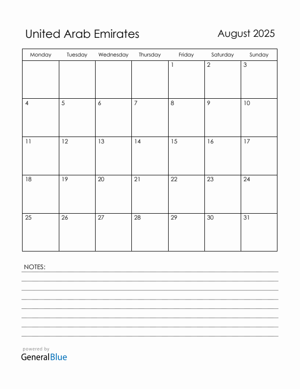 August 2025 United Arab Emirates Calendar with Holidays (Monday Start)