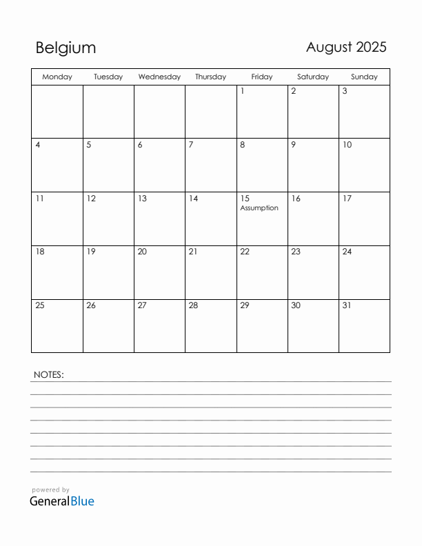 August 2025 Belgium Calendar with Holidays (Monday Start)