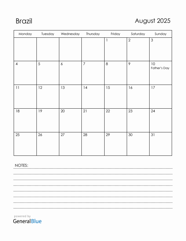 August 2025 Brazil Calendar with Holidays (Monday Start)