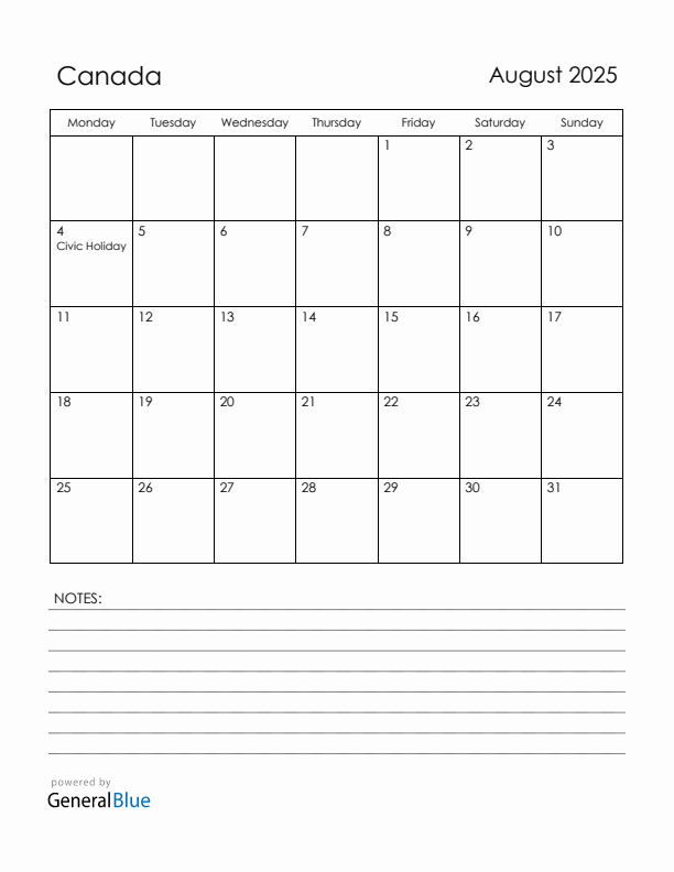August 2025 Canada Calendar with Holidays (Monday Start)