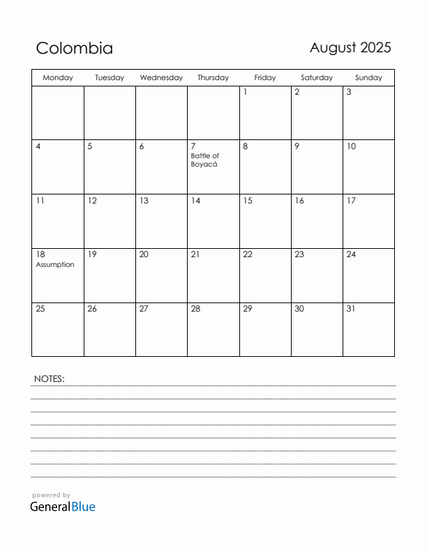 August 2025 Colombia Calendar with Holidays (Monday Start)