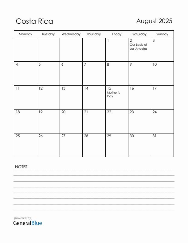 August 2025 Costa Rica Calendar with Holidays (Monday Start)