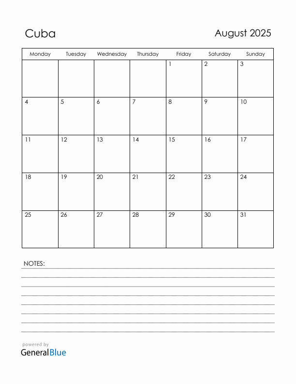 August 2025 Cuba Calendar with Holidays (Monday Start)