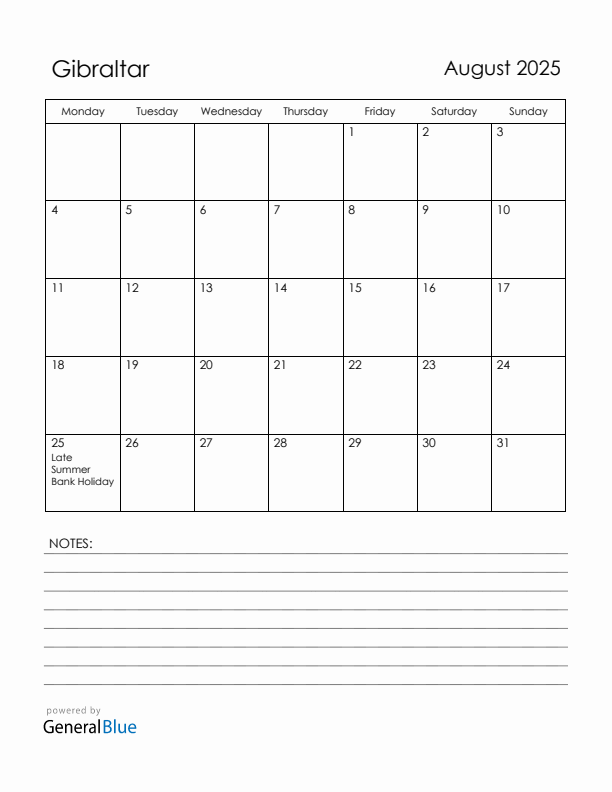August 2025 Gibraltar Calendar with Holidays (Monday Start)