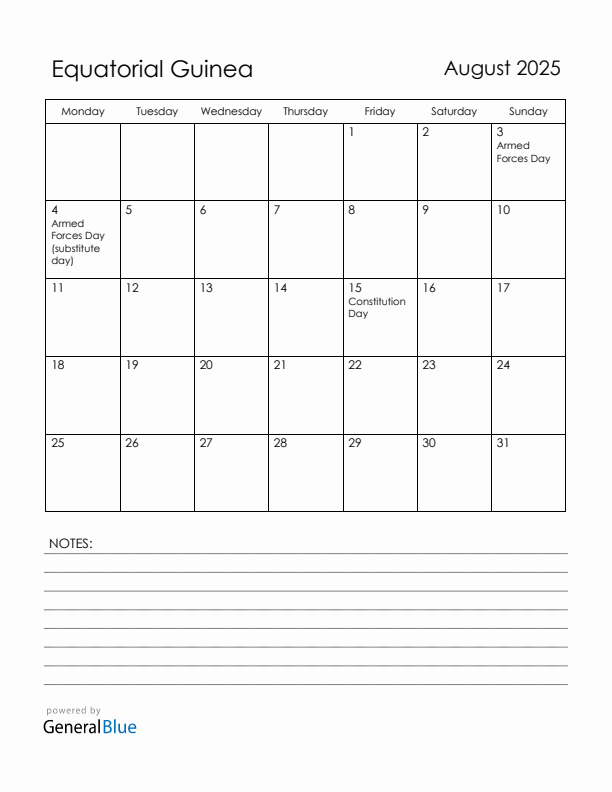 August 2025 Equatorial Guinea Calendar with Holidays (Monday Start)