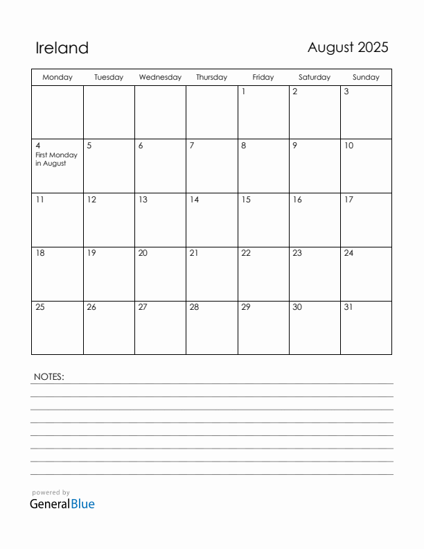 August 2025 Ireland Calendar with Holidays (Monday Start)