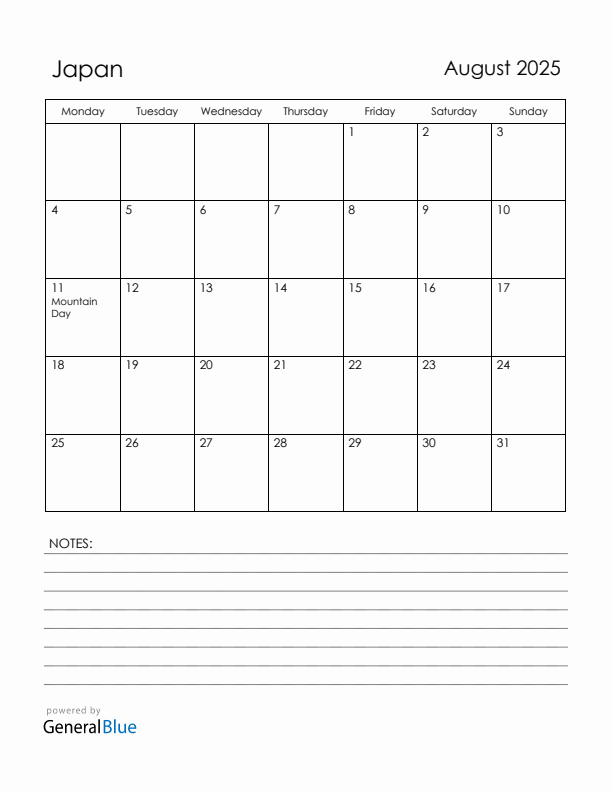 August 2025 Japan Calendar with Holidays (Monday Start)