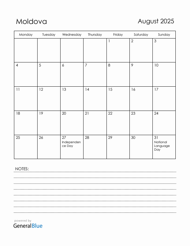 August 2025 Moldova Calendar with Holidays (Monday Start)